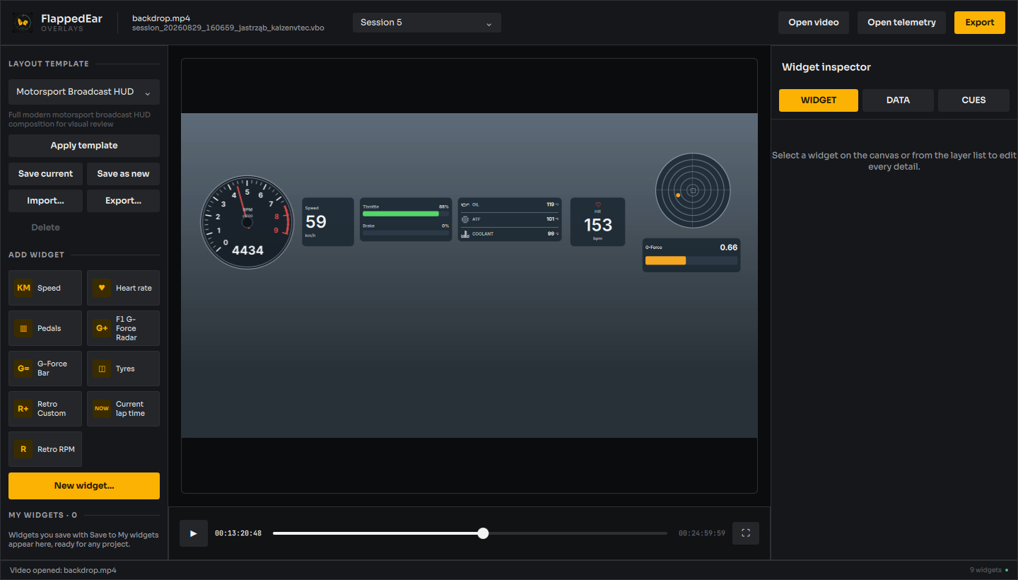 Editor window with an overlay over the video preview, the widget sidebar and the Inspector