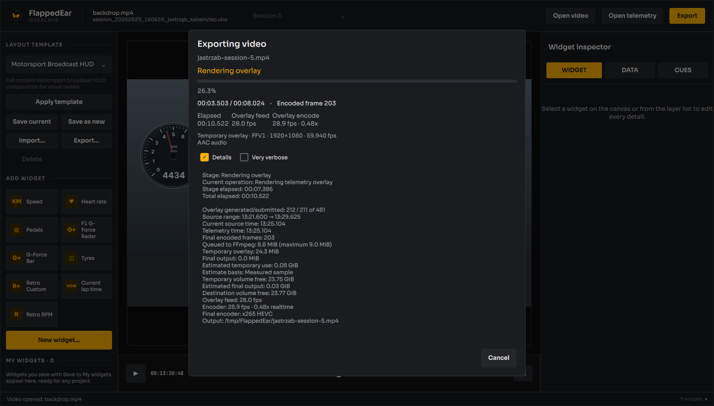 Export progress with Details open