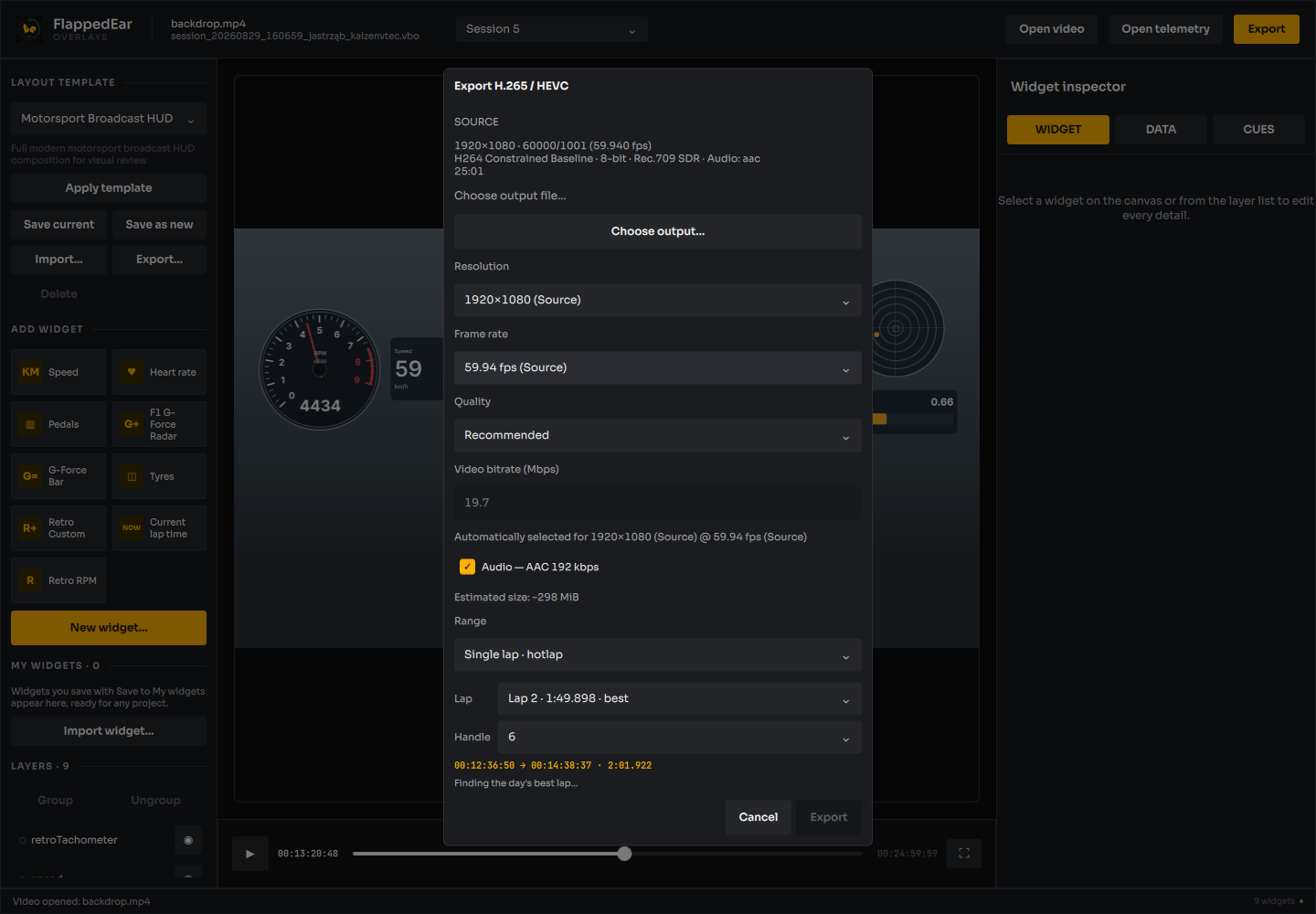 Export dialog in Single lap · hotlap mode with source summary, output file, resolution, frame rate, quality, bitrate and lap range