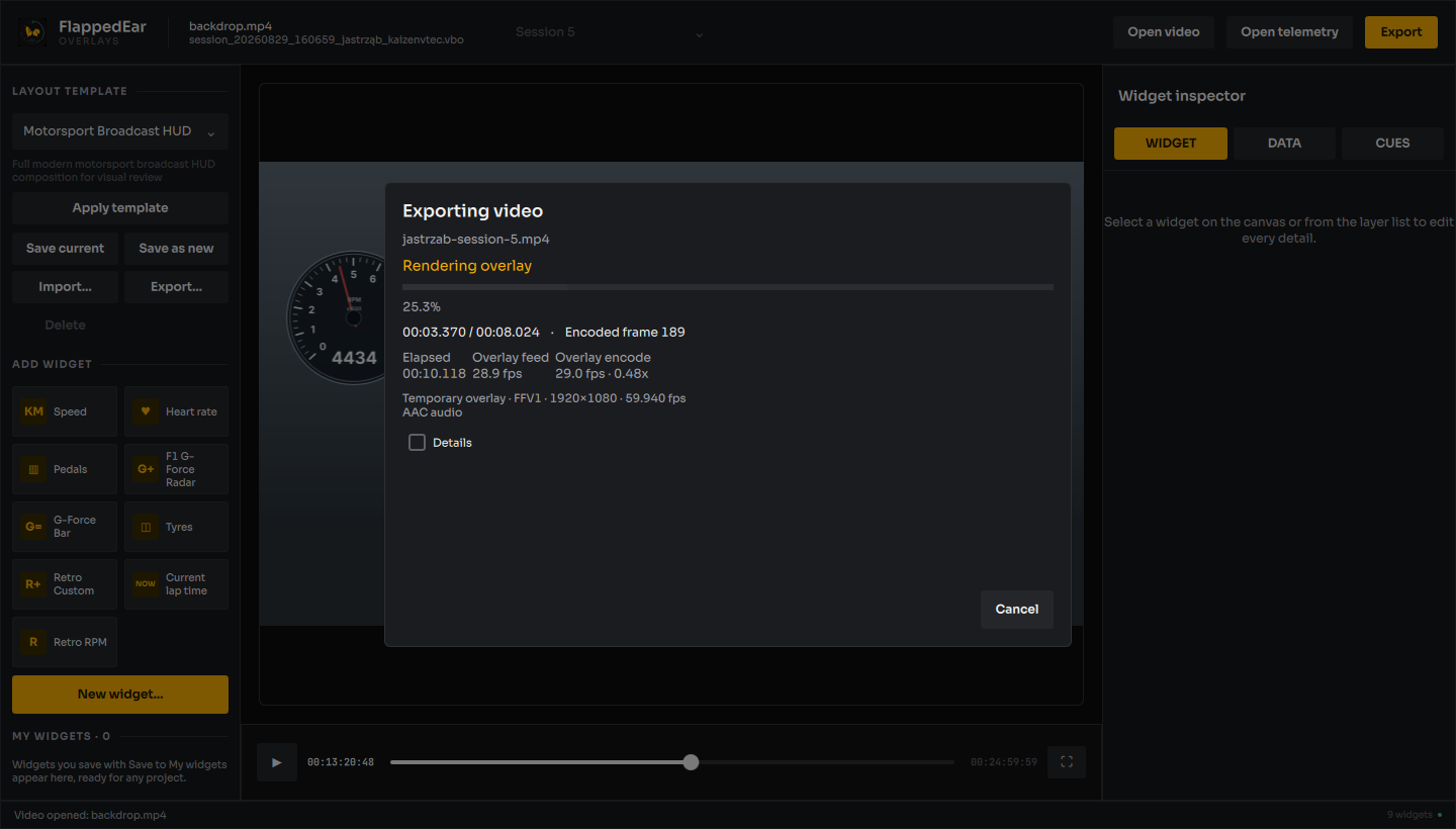 Export progress window while the overlay is rendered