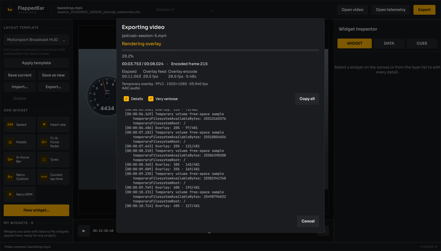 Export progress with Very verbose showing the live log