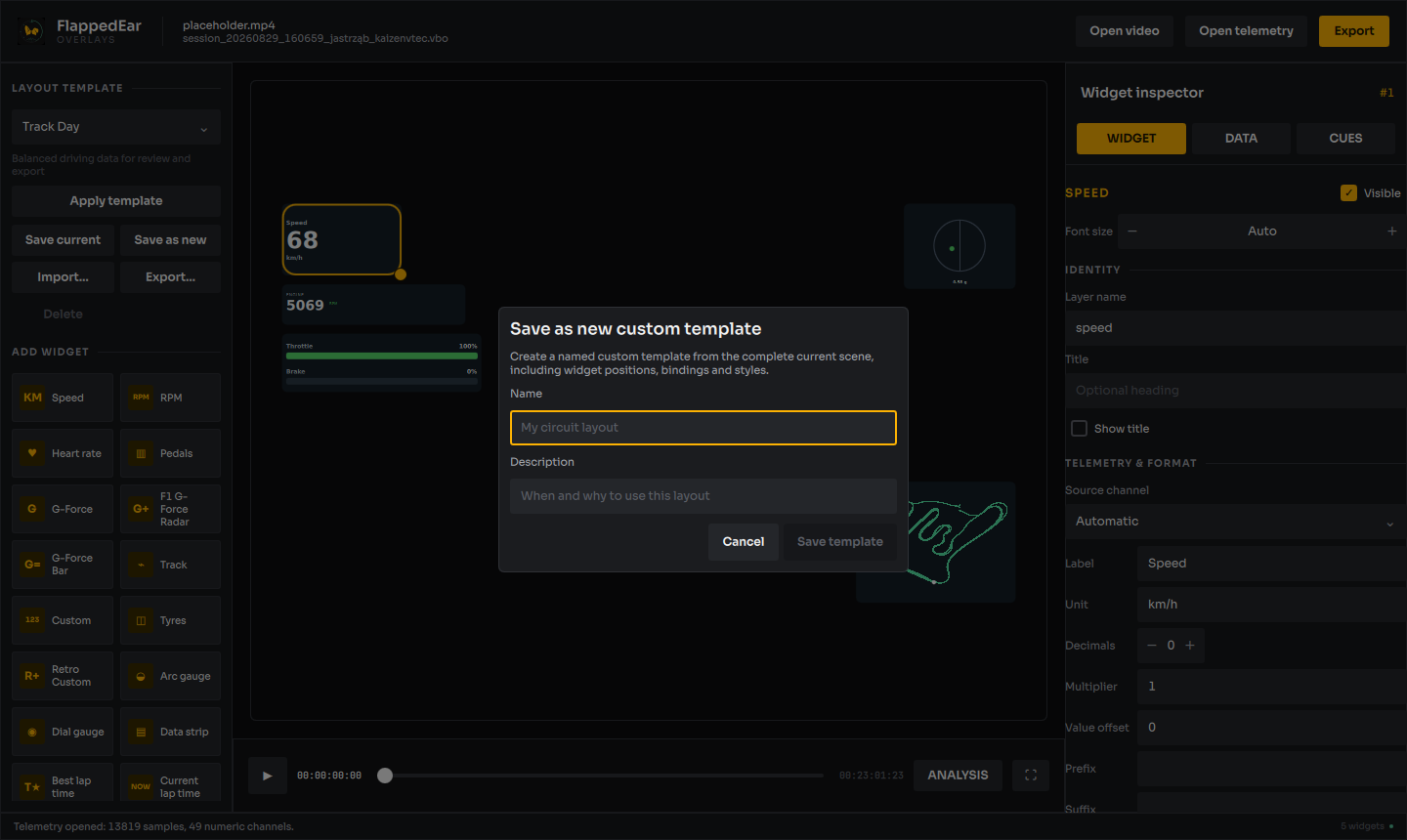 Save as new custom template popup with Name and Description fields