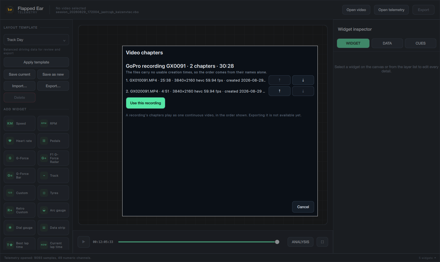 Video chapters dialog with the two chapters of GoPro recording GX0091